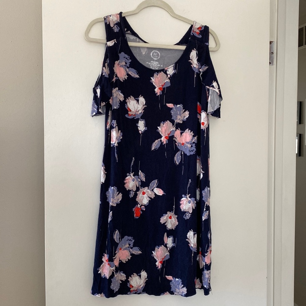 Navy blue flower cold shoulder dress